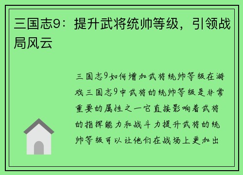 三国志9：提升武将统帅等级，引领战局风云